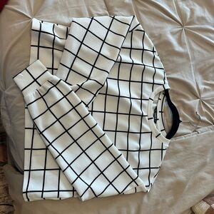 SHEIN White Black Grid Long Sleeve Blouse